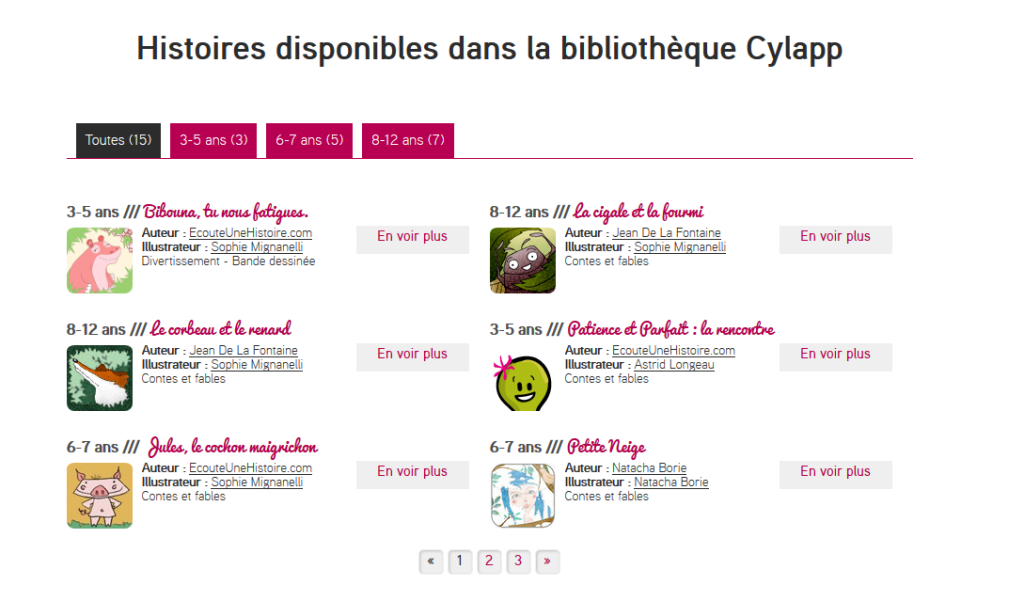 Capture d'écran de la bibliothèque d'histoires sur le site.